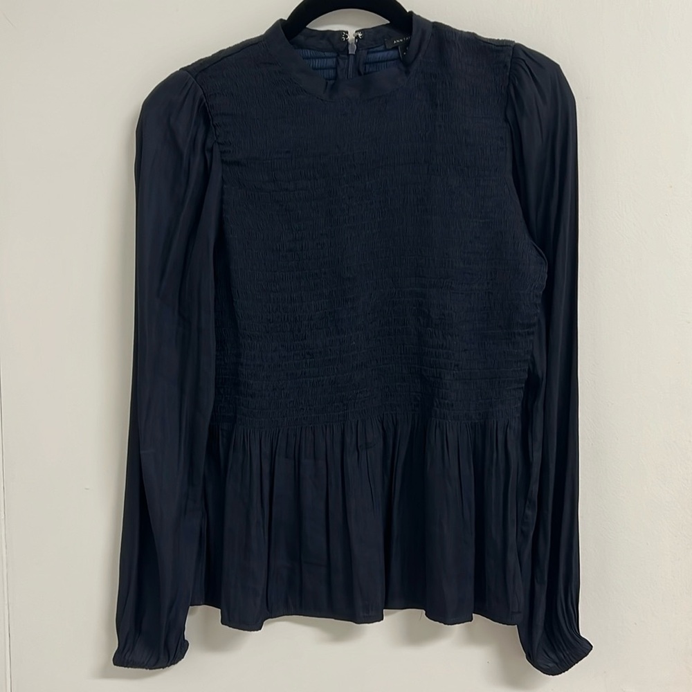 Women's Navy Smocked Peplum Long-Sleeve Top